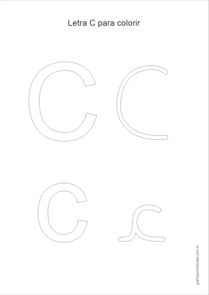 Desenho da letra C maiúscula e minúscula para colorir, em estilo simples para alfabetização infantil.