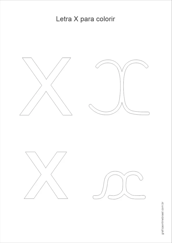 Desenho da letra X maiúscula e minúscula para colorir, em estilo simples para alfabetização infantil.