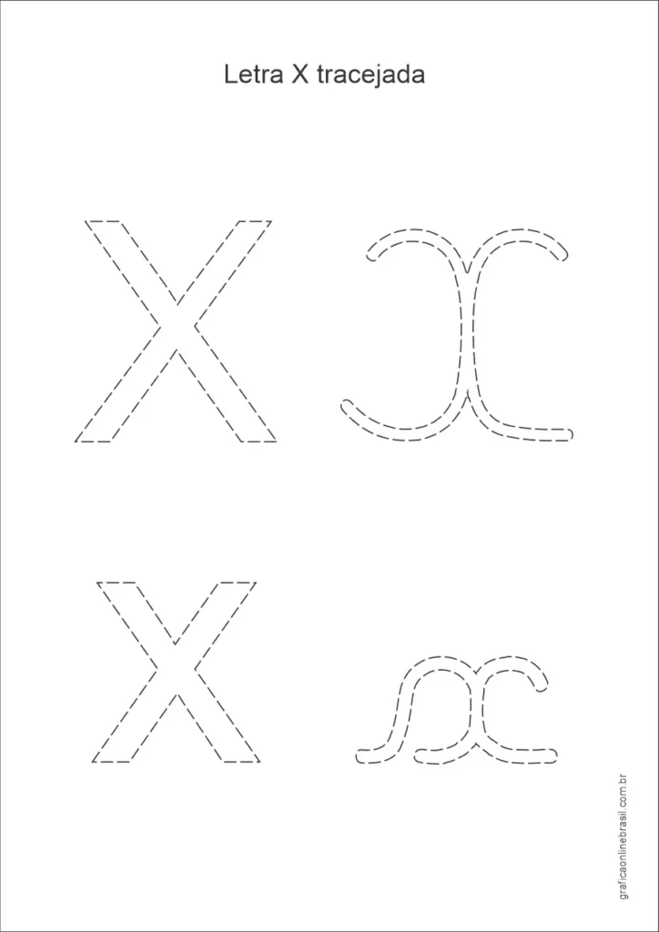Letra X maiúscula e minúscula com traçado para treino da escrita infantil, formato tracejado.