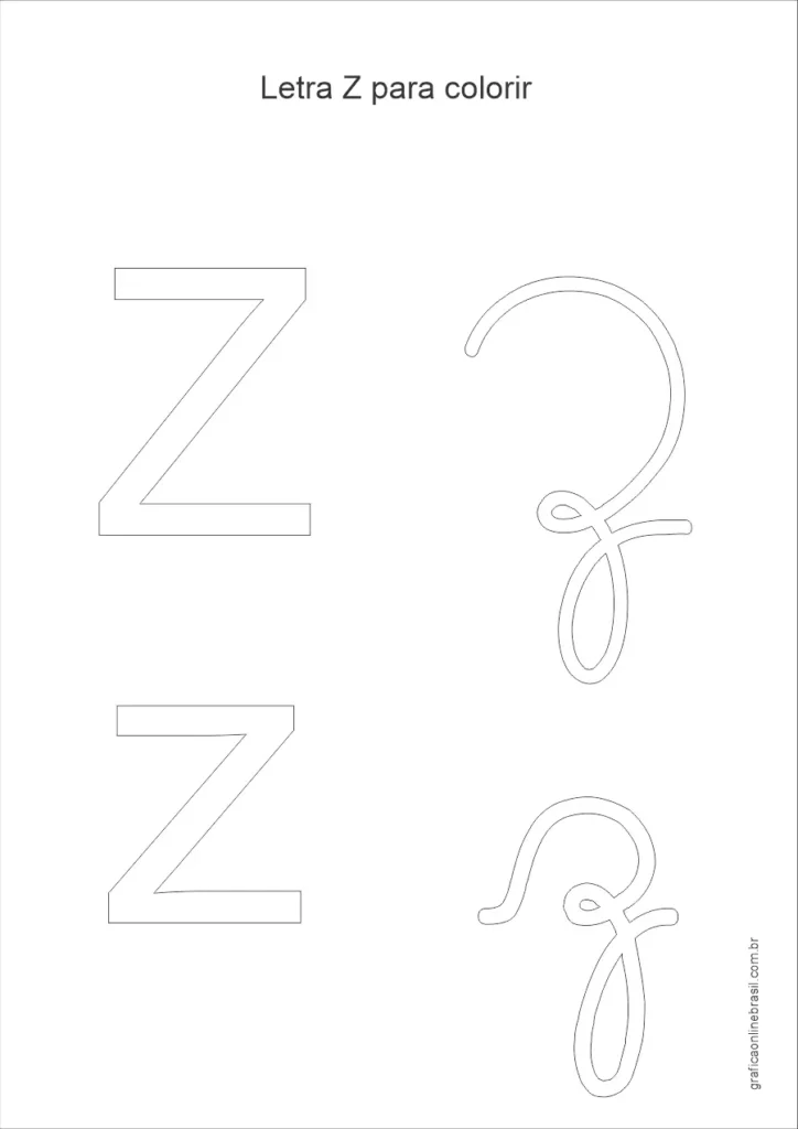 Desenho da letra Z maiúscula e minúscula para colorir, em estilo simples para alfabetização infantil.