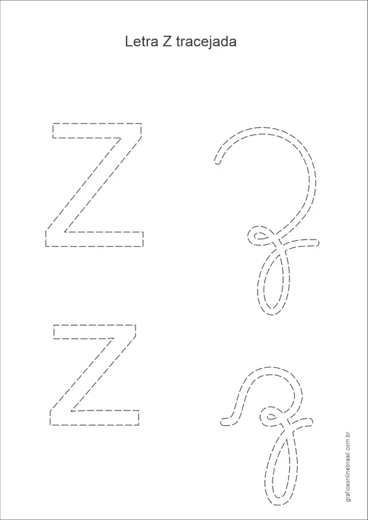 Letra Z maiúscula e minúscula com traçado para treino da escrita infantil, formato tracejado.