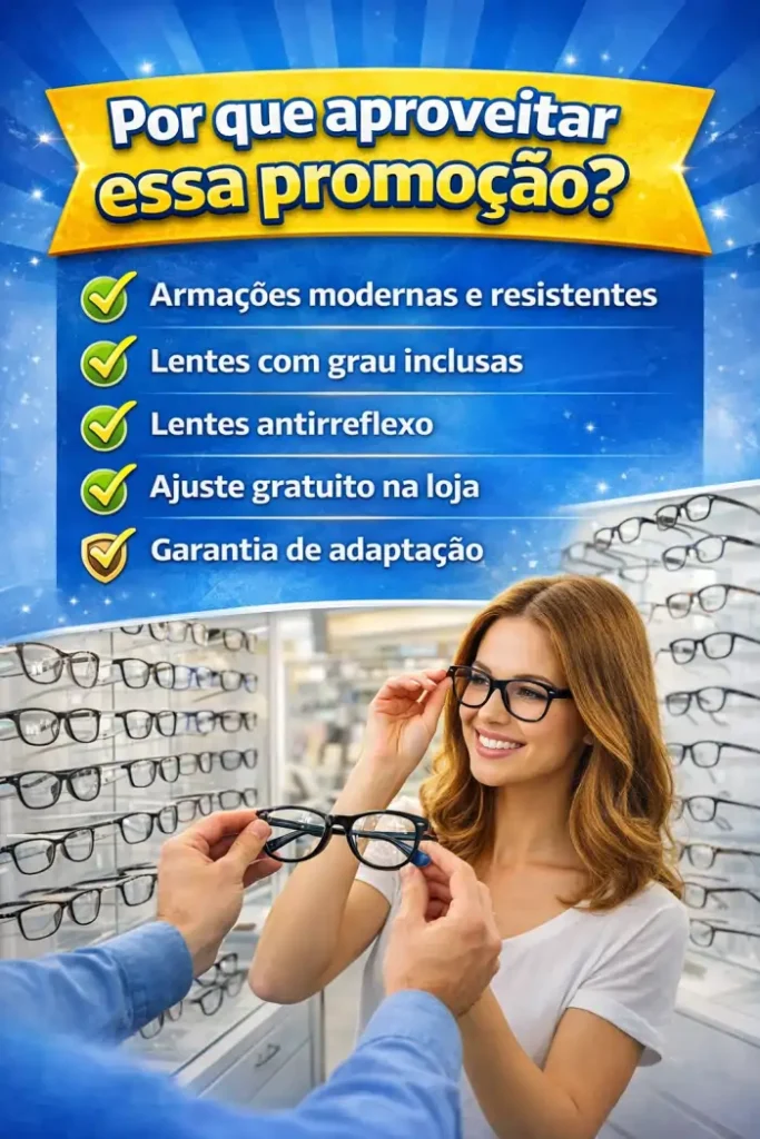 Página interna de folder para ótica exibindo diferentes modelos e estilos de armações de óculos para inspiração de design gráfico.