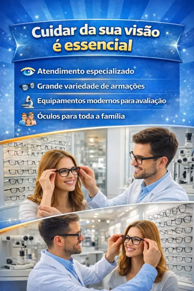 Página interna de folder para ótica exibindo diferentes modelos e estilos de armações de óculos para inspiração de design gráfico.