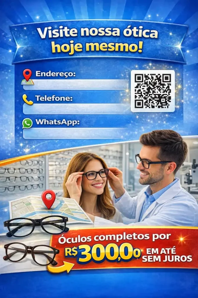 Contracapa de folder de ótica com informações de contacto, ícones de redes sociais, WhatsApp e mapa de localização em layout limpo.