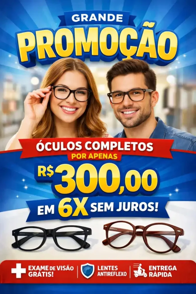 Capa de folder empresarial para ótica nas cores azul e branco com o título "grande promoção"