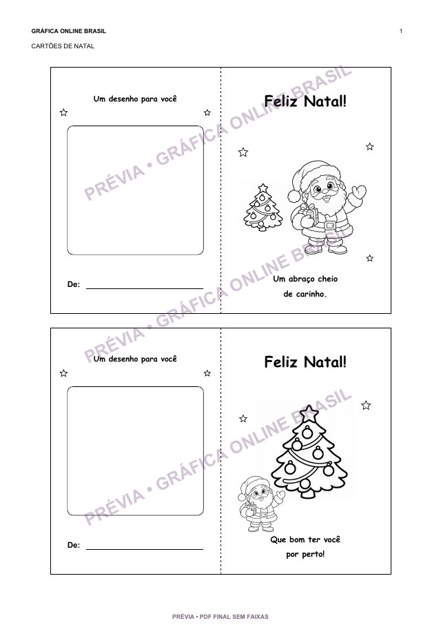 Dois cartões de Natal em preto e branco na folha A4, para desenhar ou colorir; prévia protegida.