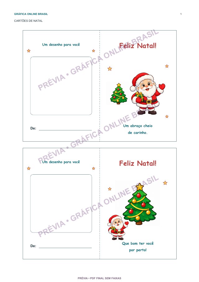 Dois cartões de Natal em cores na folha A4, com Papai Noel e espaços para desenho; prévia protegida.