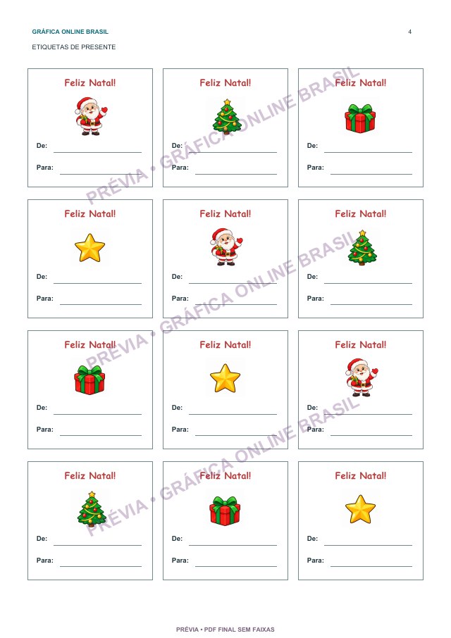 Doze etiquetas de presente de Natal, com quatro modelos em cores e campos De e Para; prévia protegida.