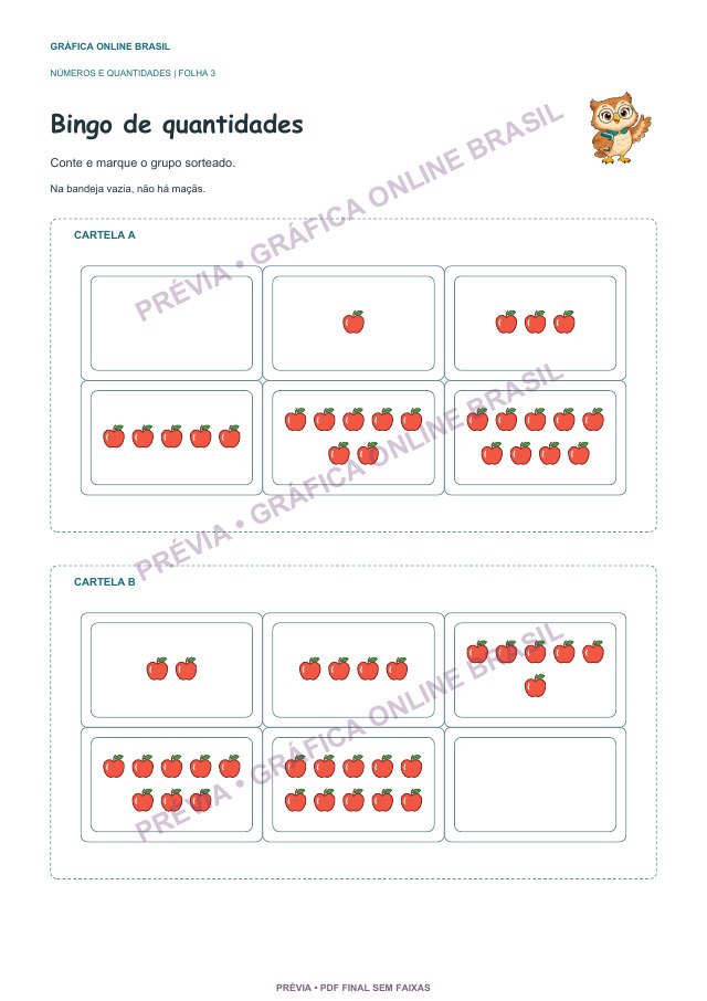 Duas cartelas do bingo de quantidades, com grupos de zero a dez maçãs; página colorida com três faixas de prévia.