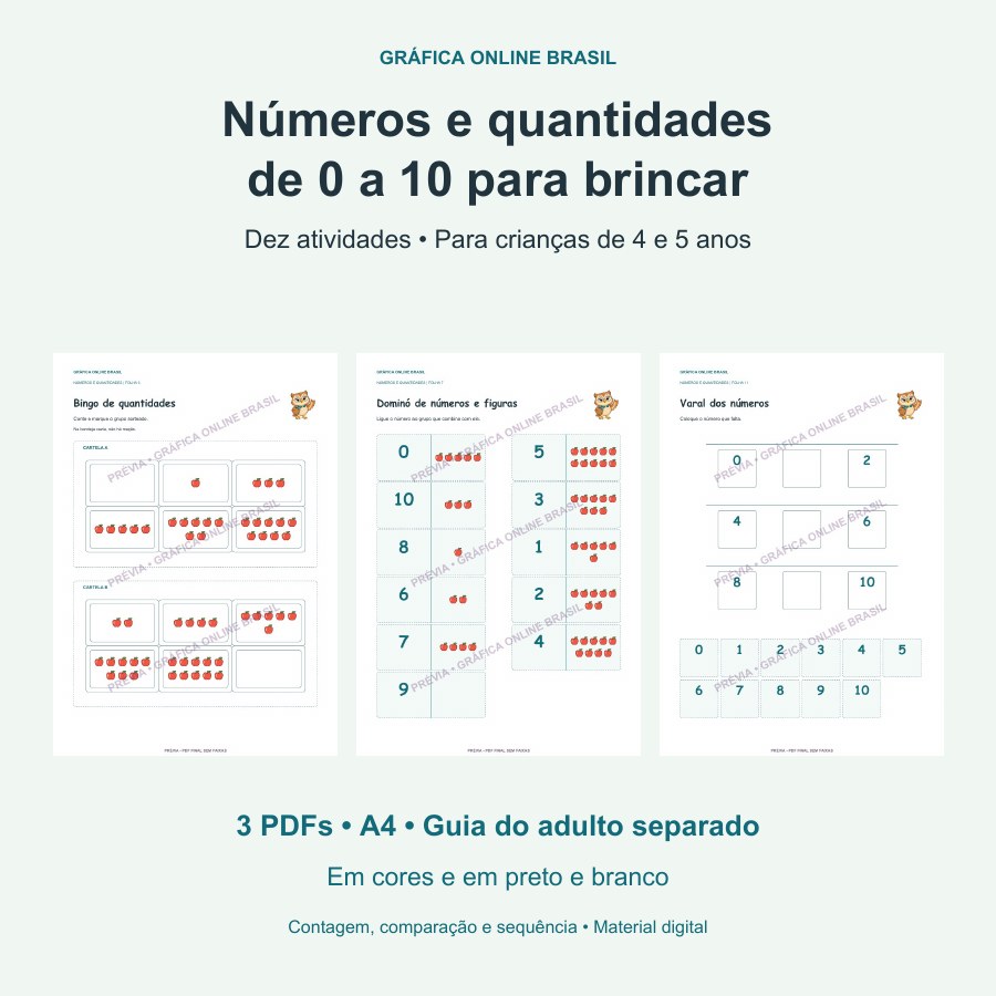 Números e quantidades de 0 a 10 para brincar: dez atividades em PDF A4, nas versões colorida e preto e branco, com guia do adulto separado.