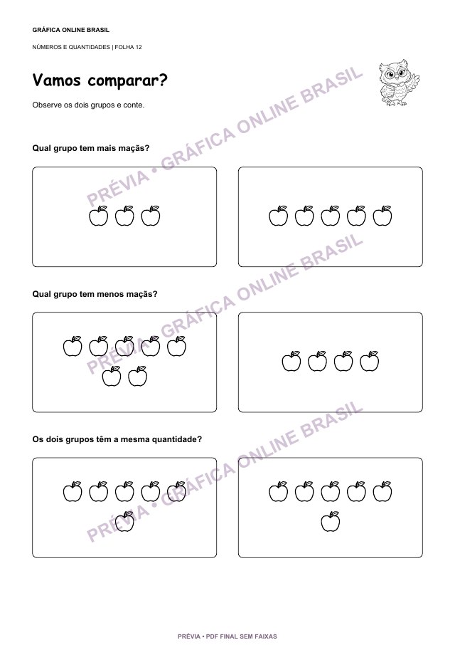 Atividade em preto e branco para comparar grupos com mais, menos ou a mesma quantidade de maçãs; prévia protegida.