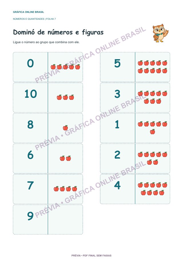 Onze peças de dominó para associar numerais e quantidades de maçãs, de zero a dez; prévia protegida.