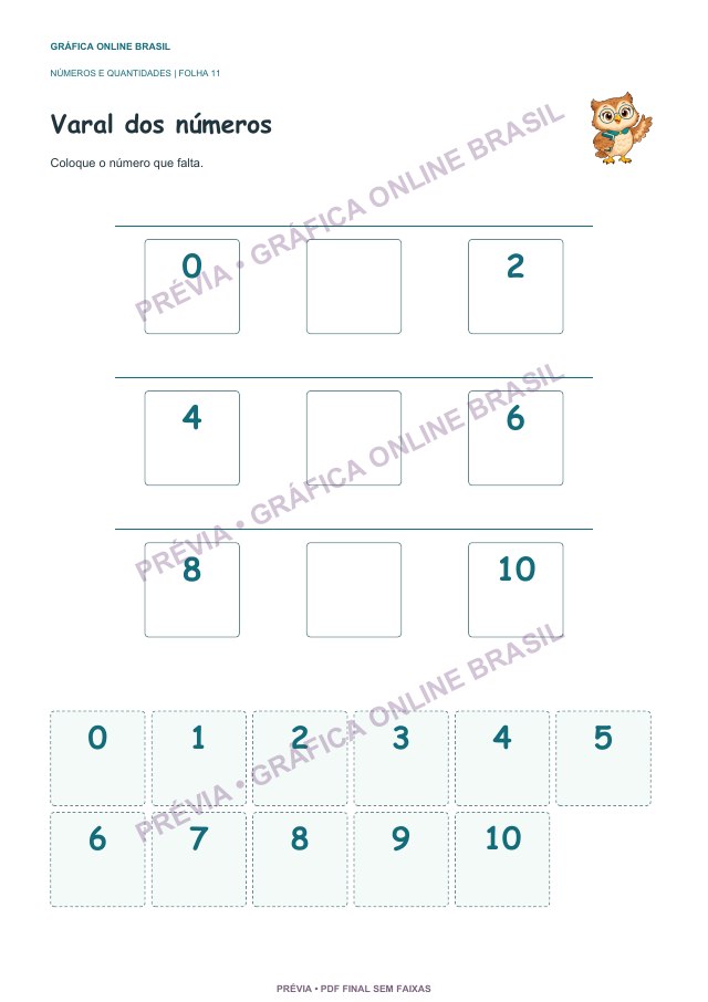 Varal dos números com três sequências para completar e cartas de zero a dez; página colorida com faixas de prévia.